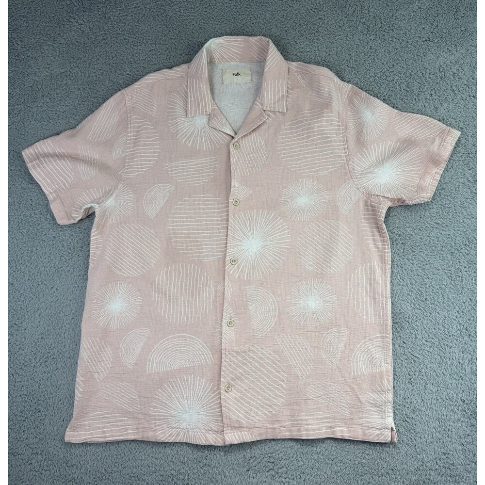 FOLK Jay Button Up Camp Shirt Men's Large Pink Short Sleeve Geometric Print